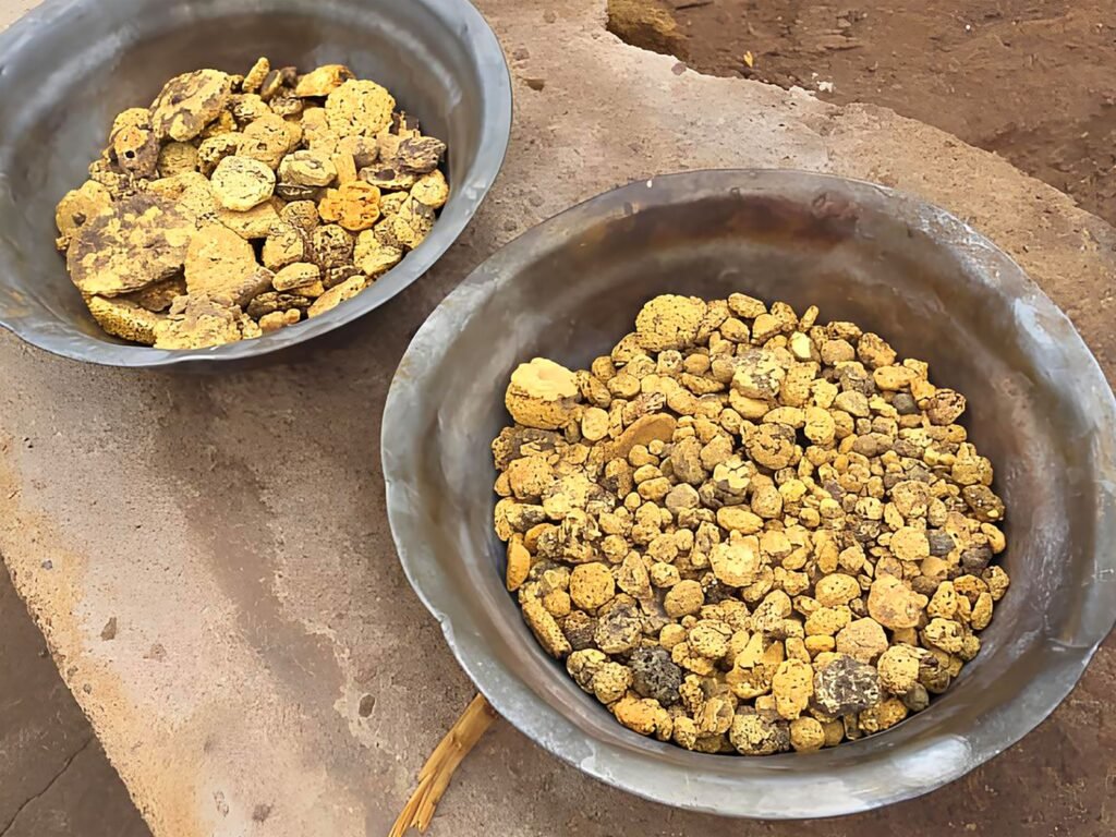 Two buckets filled with gold nuggets from a local mine in uganda